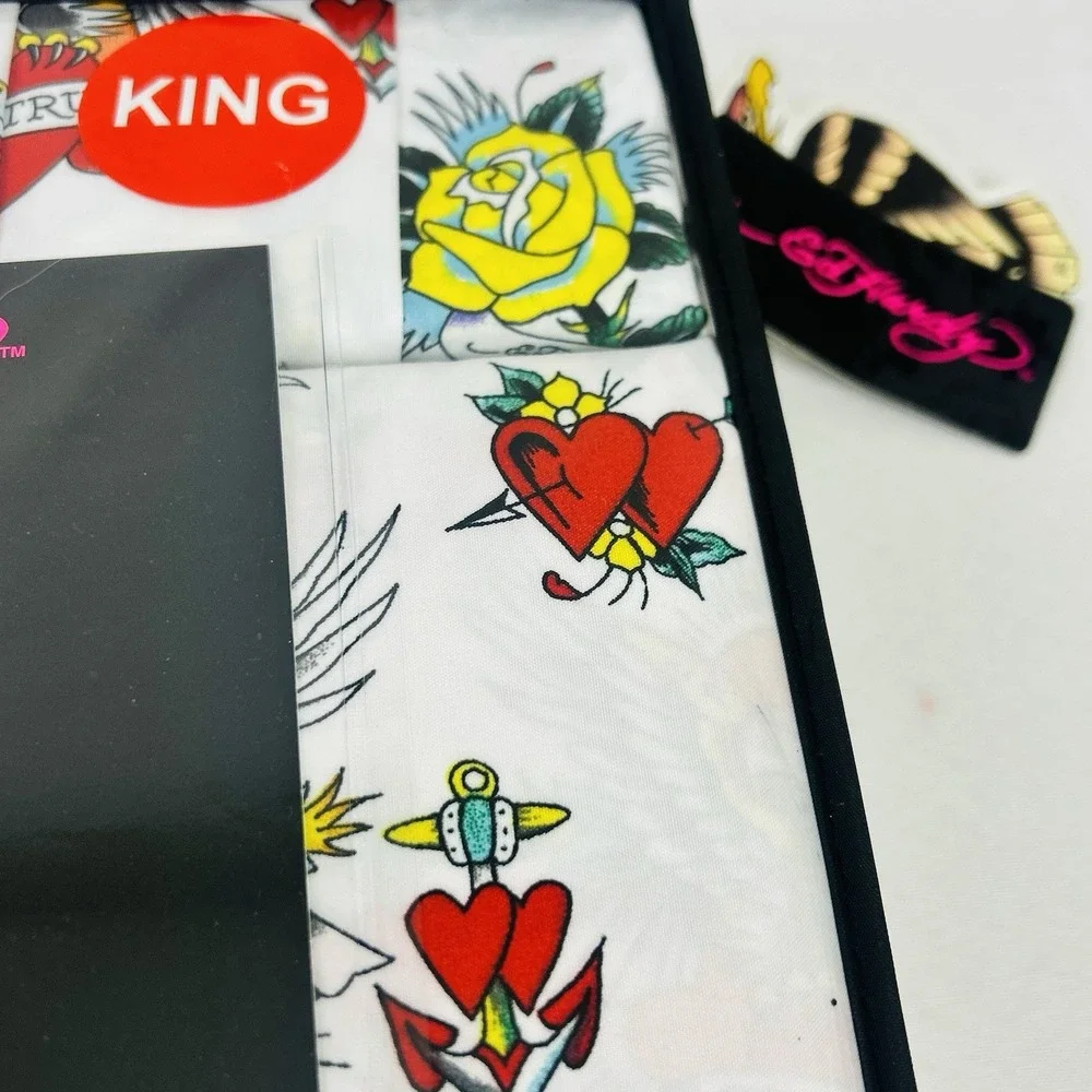 Ed Hardy King Size 6-Piece Tattoo Skull Butterfly Print White Sheet Set NEW